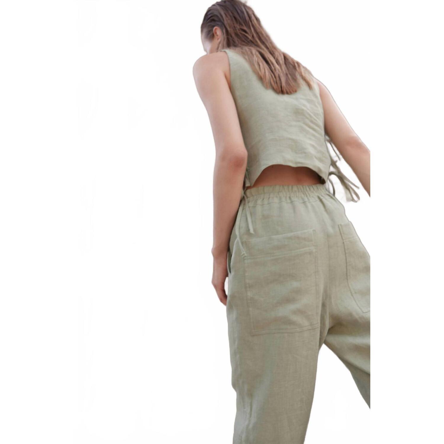 New Eve Gravel Devi Linen High Waist Pants In Mint/Sauge — image 2 of 2